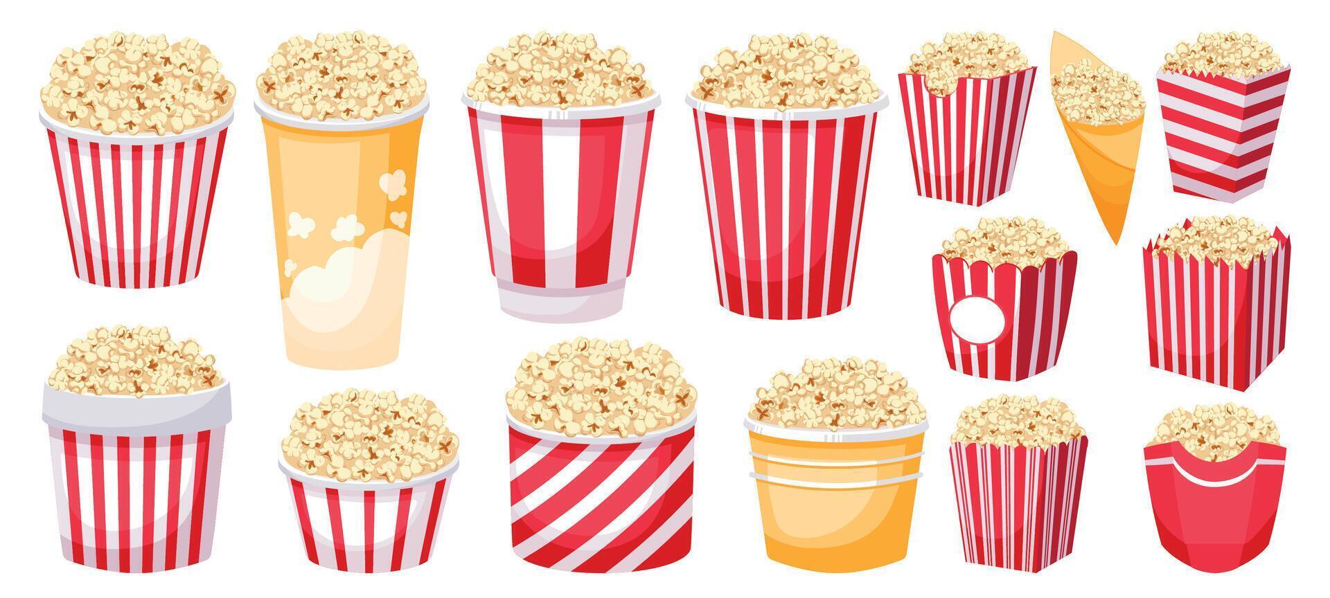 Popcorn buckets. Cartoon holiday snacks mockup for film and TV watching, large medium and small sizes of popcorn paper cups. Vector movie fun food set