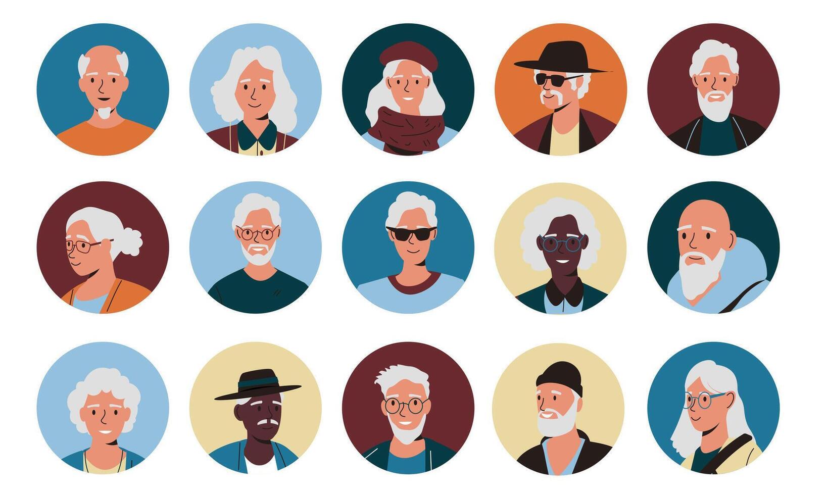 Senior people avatars. Cartoon older characters round icons, happy aged men women faces, pensioner portraits for social media. Vector isolated set