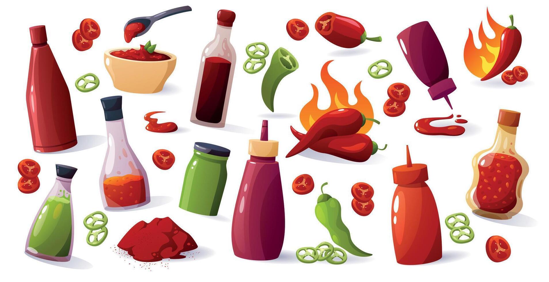 Cartoon hot sauce. Mexican spicy ketchup wasabi mustard with chilli peppers, spicy sauce food ingredients. Vector isolated set