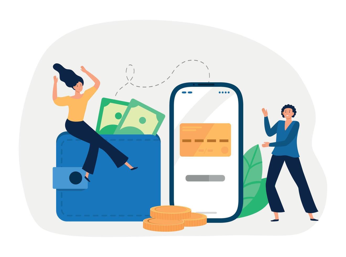 Online payment. Cartoon little woman sitting on wallet with banknotes. Transferring cash into credit card on smartphone vector