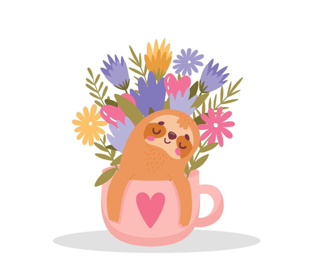 Cute sloth in flower cup, decor in interior vector