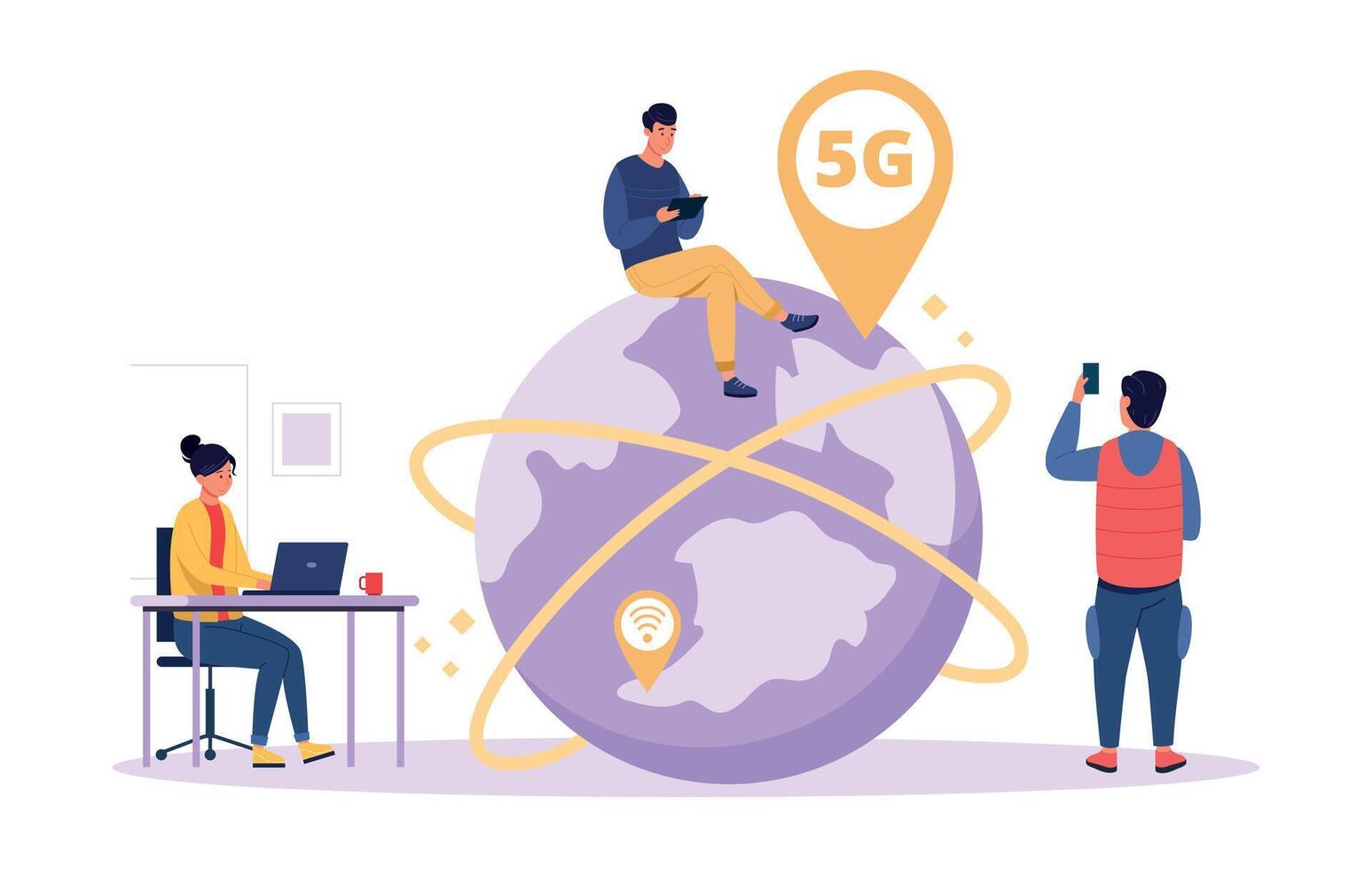 Concept high speed internet 5G. Smartphone wireless technology, wifi connection. Cartoon tiny people workers vector