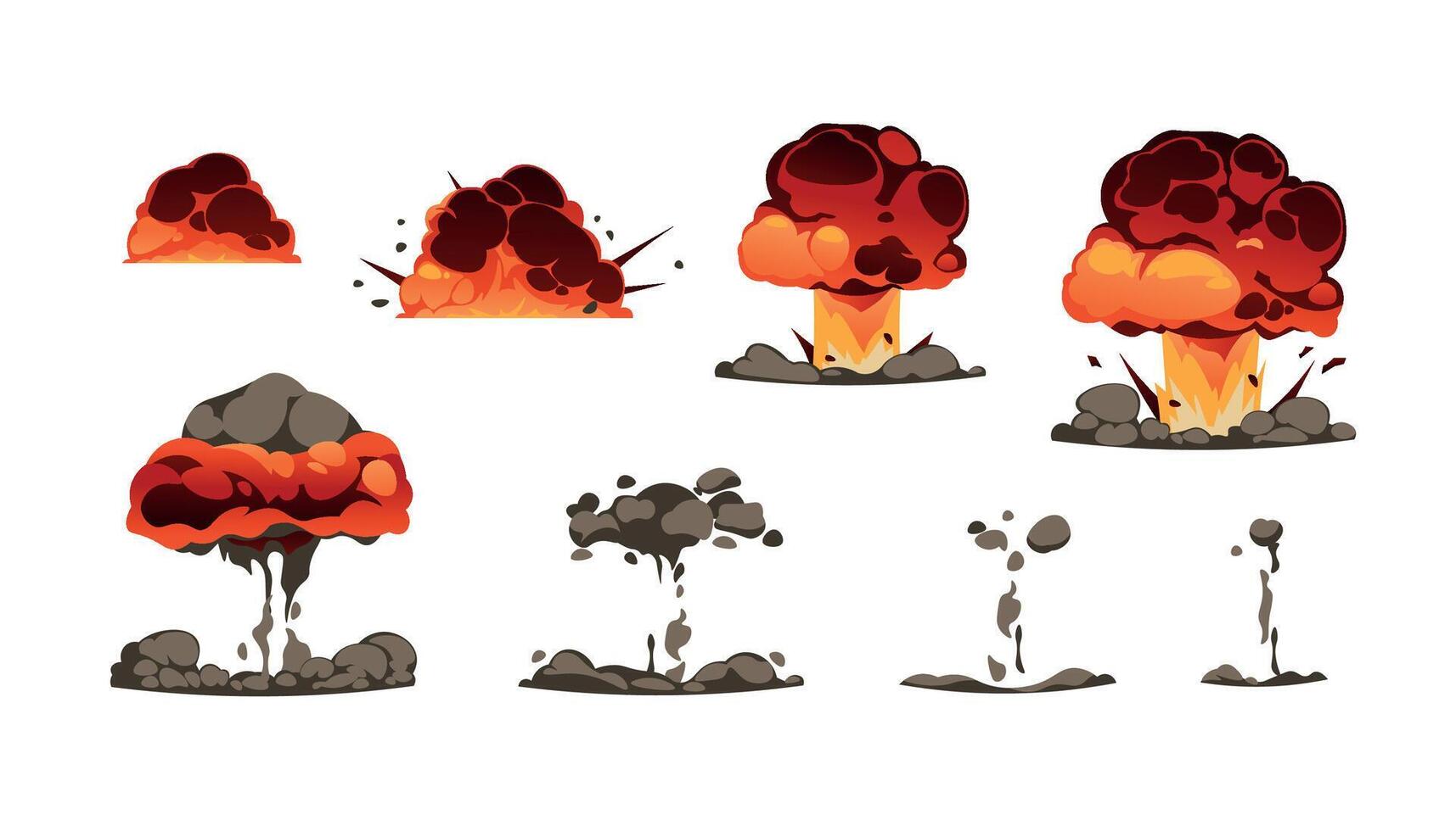 Explosion animation kit. Cartoon bomb detonation comic effect with fire and smoke, energy blast and firework explode game asset. Vector explosion graphic set