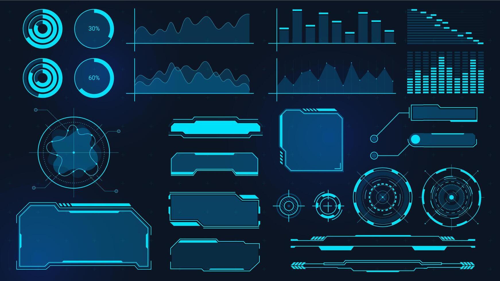 Cyberpunk graphs. Futuristic digital charts, bars, diagrams and frames for UI, HUD and GUI. Techno audio wave, border and button vector set