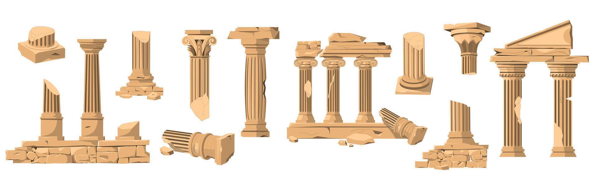 Ancient ruins. Cartoon classic stone pillars, antique architecture building columns, old roman temple exterior elements. Vector collection