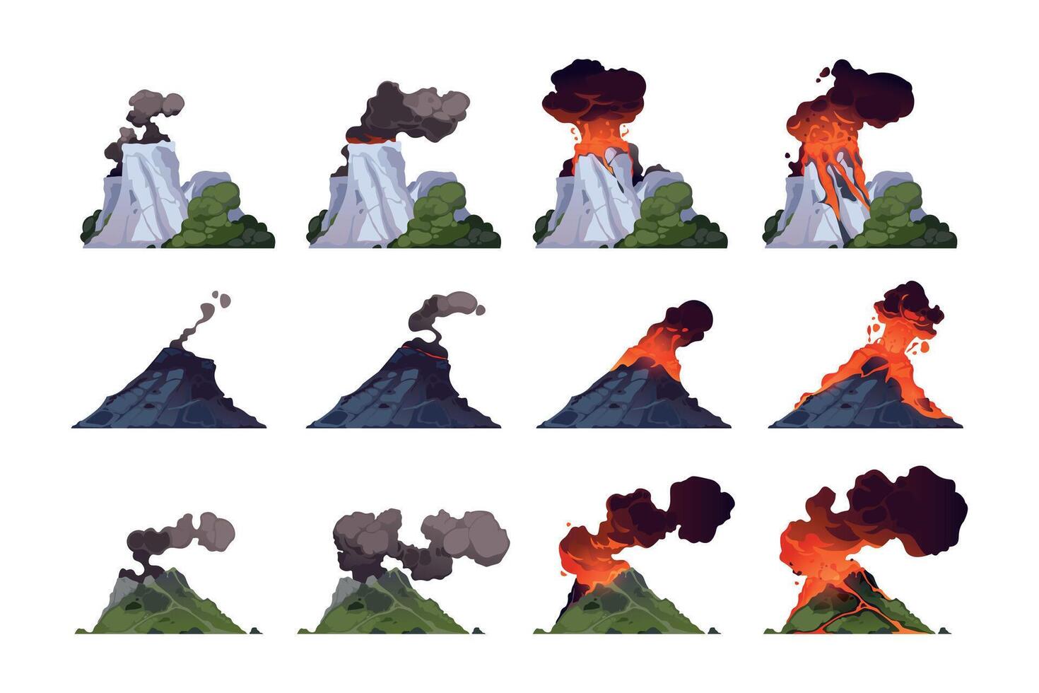 volcán erupción. dibujos animados volcánico montaña con diferente etapas de explosión, fluir magma, fuego y fumar, cráter con lava, ceniza y gases vector plano conjunto