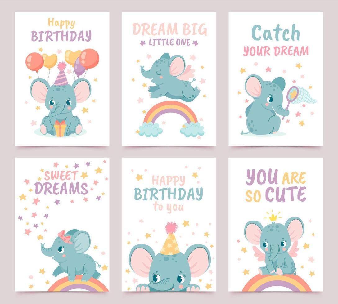 guardería elefante carteles animal decoración para bebé ducha y dibujos animados cumpleaños tarjetas elefantes y arcoiris huellas dactilares para recién nacido vector conjunto