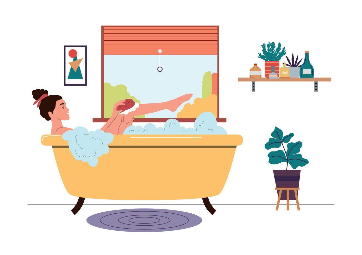 mujer en baño. relajado niña en bañera con espuma burbujas en baño interior con plantas vector