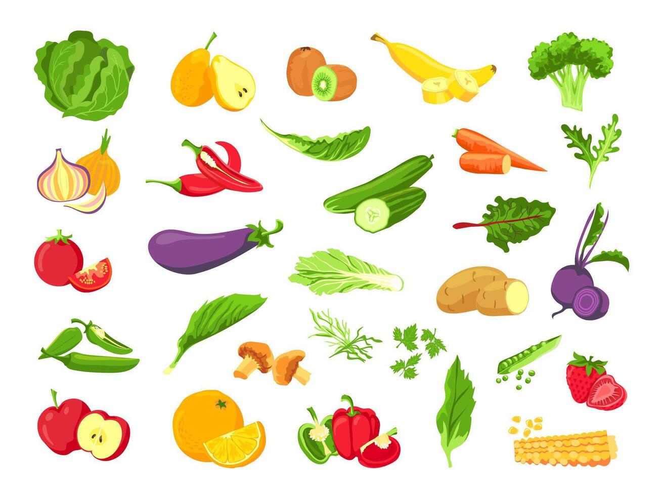 vegetal y fruta. Fresco vegetariano orgánico alimento, verduras, ensalada, verde, tropical frutas y baya. sano vegano granja productos vector conjunto