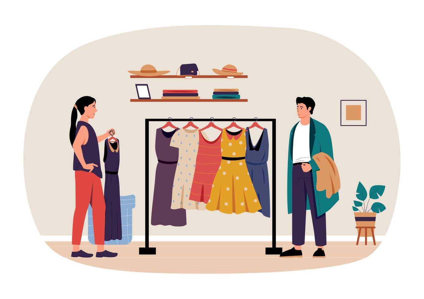Shopping and buying concept. Woman choosing dress in store. Customer purchasing clothes in retail shop. Cartoon buyer vector