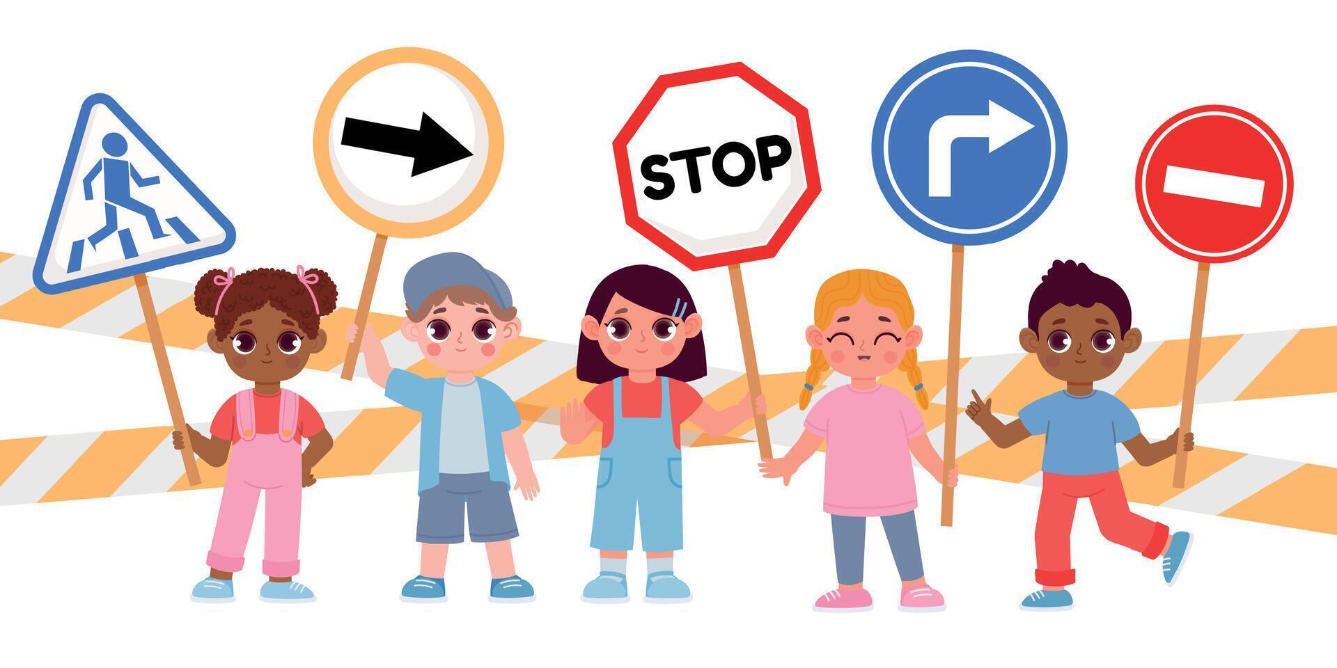 Group of kids holding stop road signs, caution for drivers. Boy and girl with traffic symbols. Children street safety cartoon vector concept