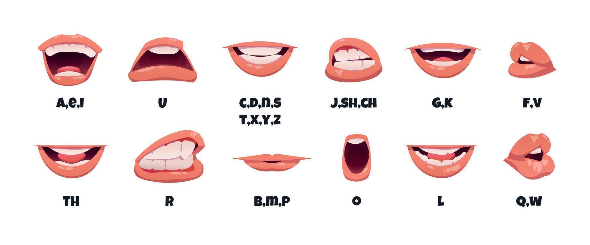 Lip sync animation. Cartoon character talking mouth, English sounds pronunciation and lips articulation, comic sprite kit. Vector lips in motion isolated collection