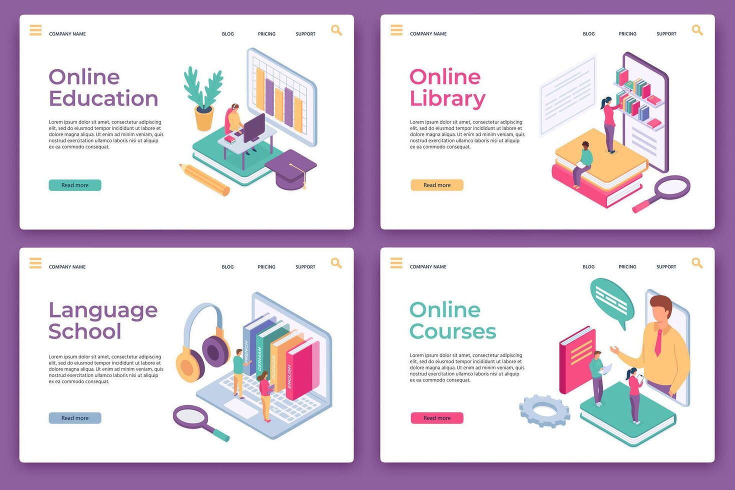 Online education landing pages. Isometric distance learning, home study, web library, language school and courses, website page vector set