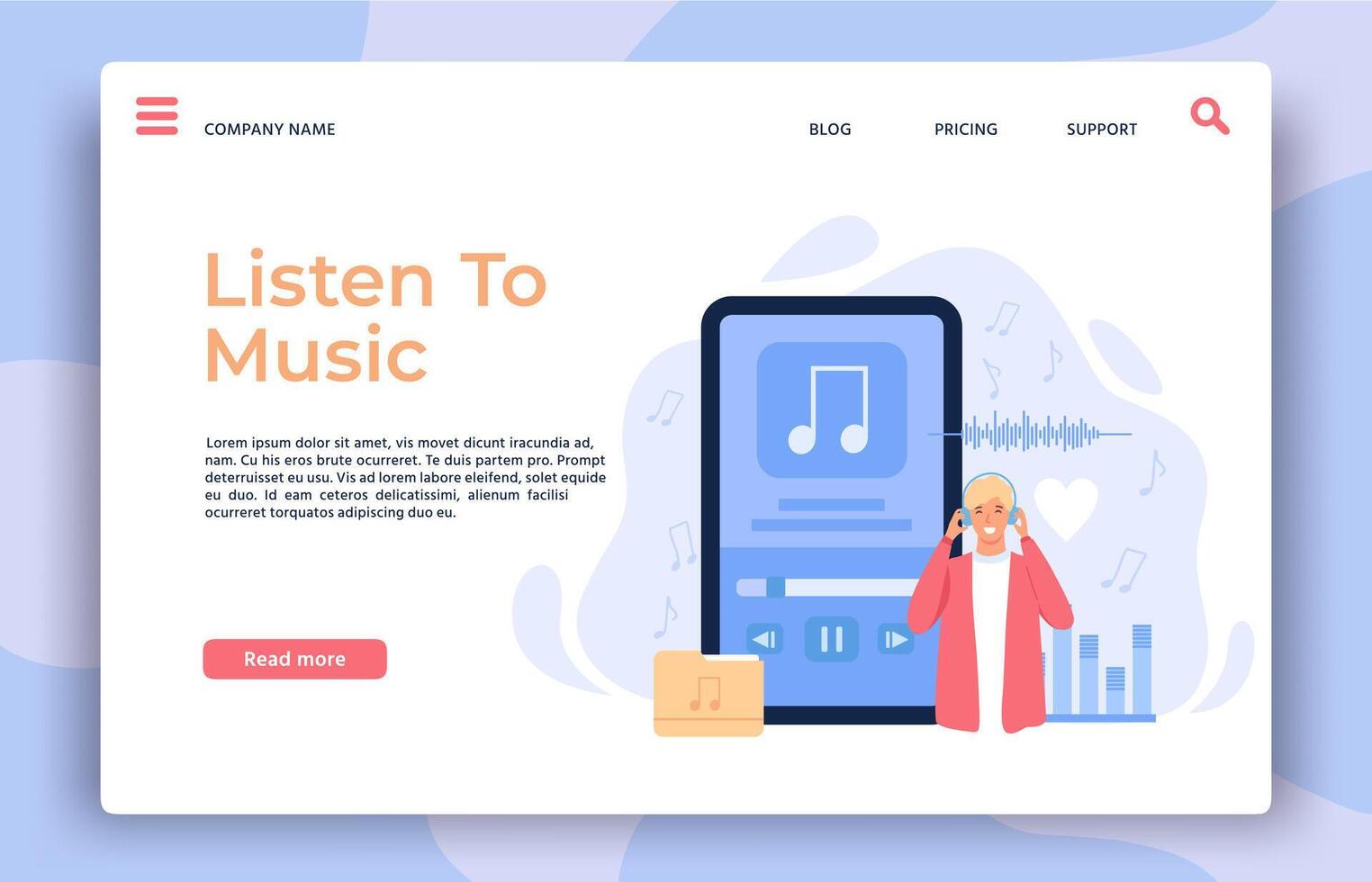 Music app landing page. Man with headphones listening playlist, songs or radio podcast on mobile phone, online audio player vector concept