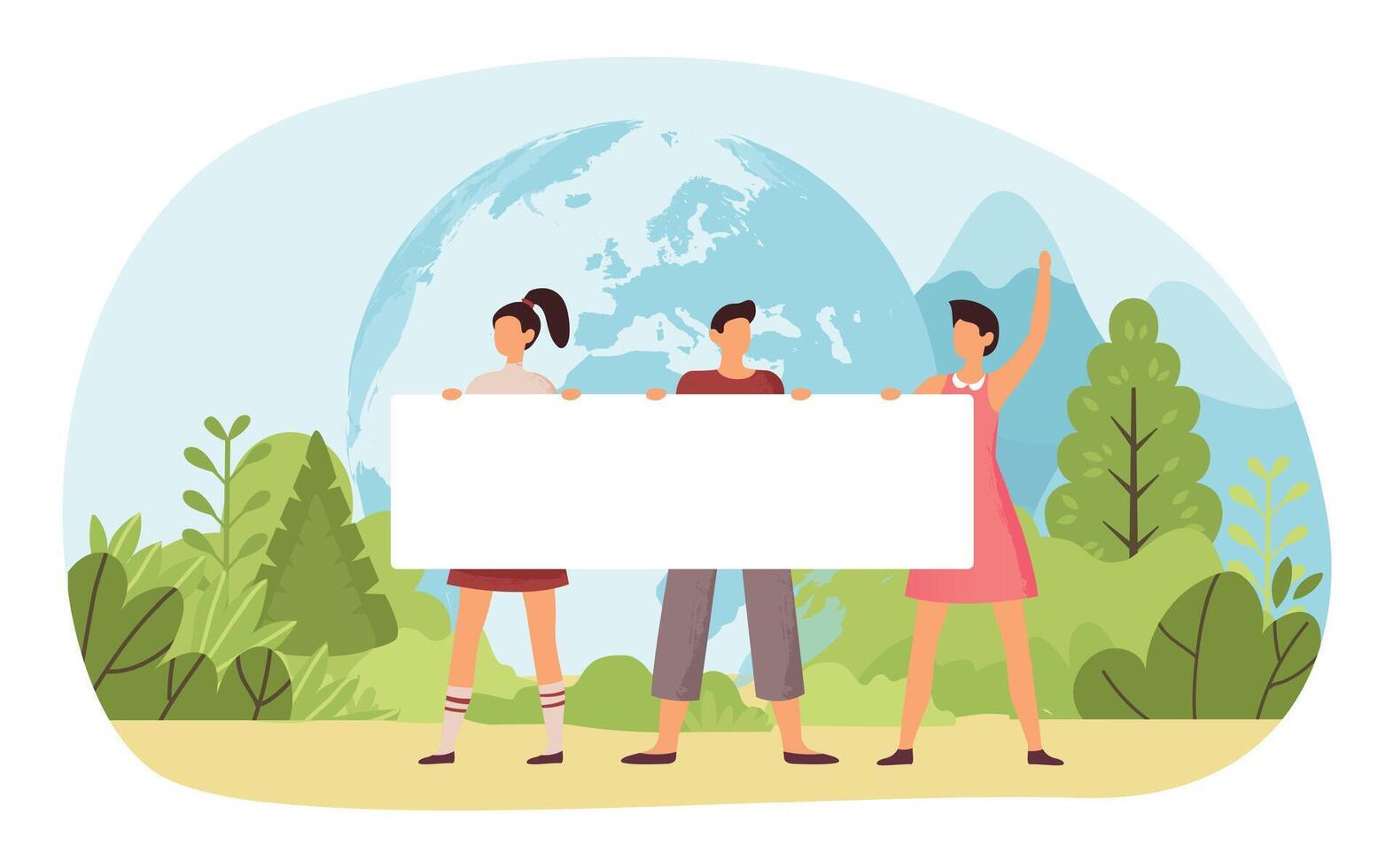 People hold save planet banners in green forest vector