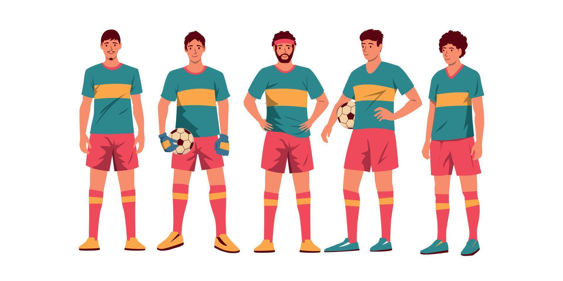 Soccer team players. Cartoon male characters in uniform standing together, group of active guys in sport clothes. Vector collection