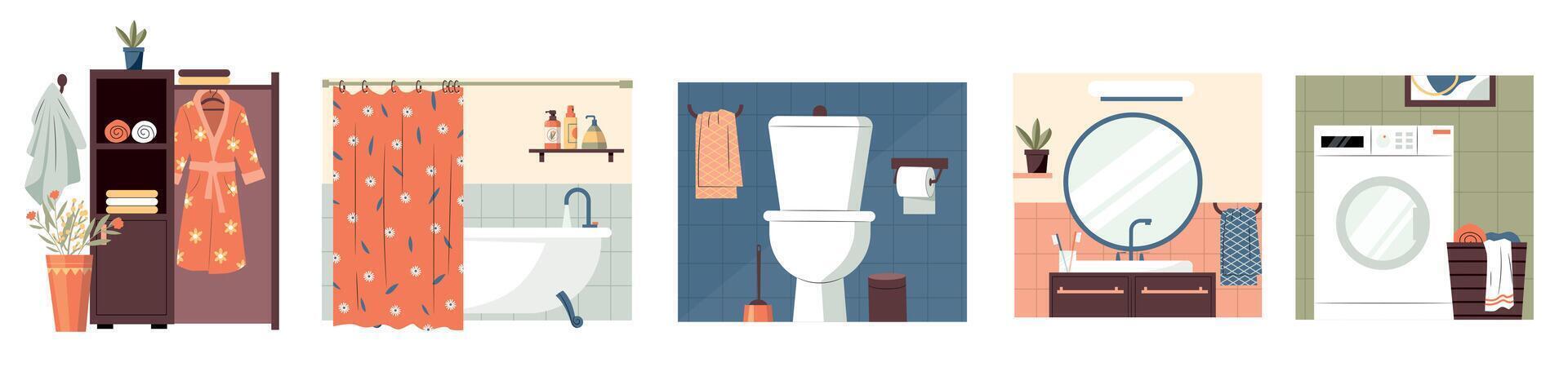 Cartoon bathroom and toilet interiors. Bathroom with washbasin and shower, minimalistic lavatory with shelves and cabinet flat style. Vector illustration