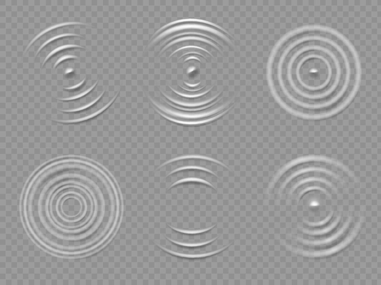 Ripples top view. Realistic water concentric circles and liquid circular waves. Round sound wave splash effects. 3d drop rings vector set