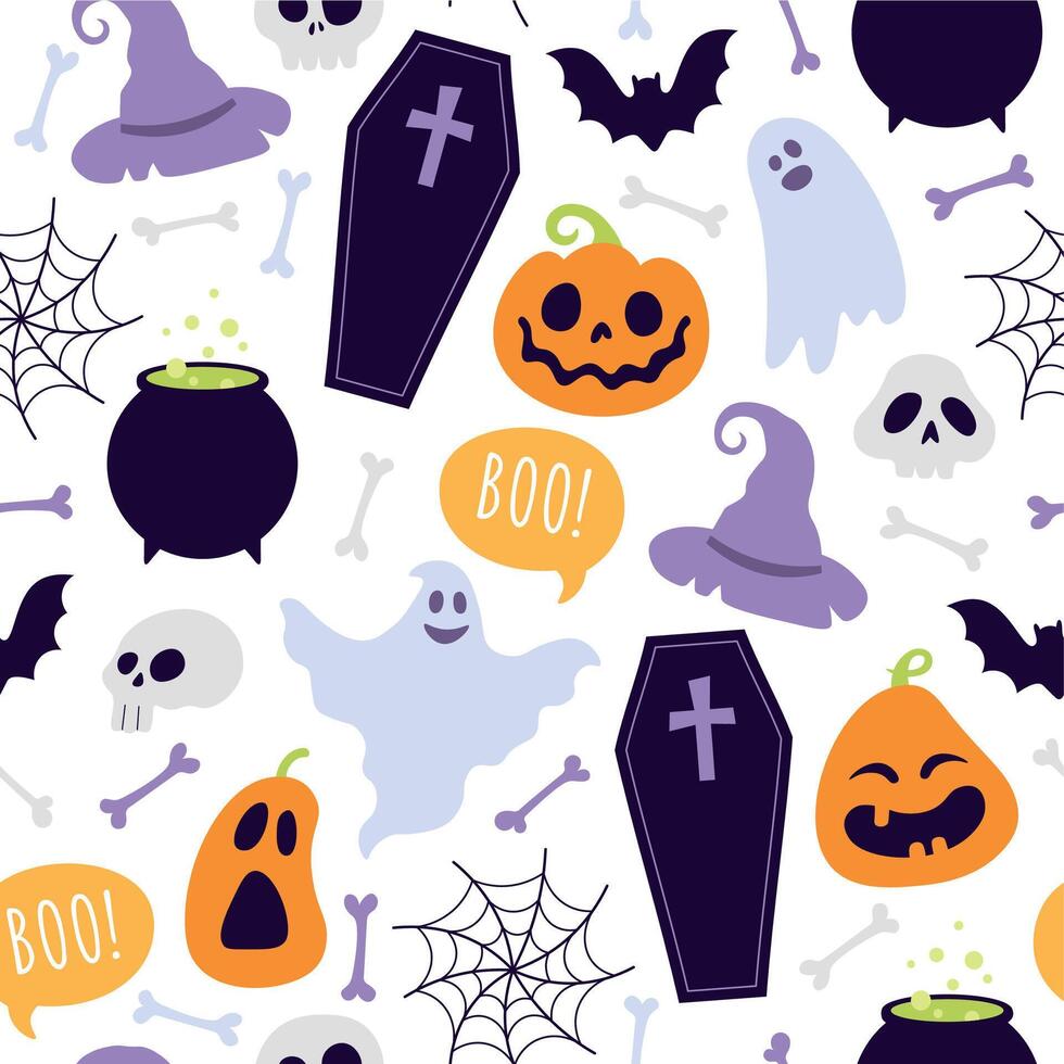 Halloween seamless pattern. Cartoon scary ghosts, orange pumpkins, bones, witch hat, coffin and skulls. Autumn spooky holiday vector print