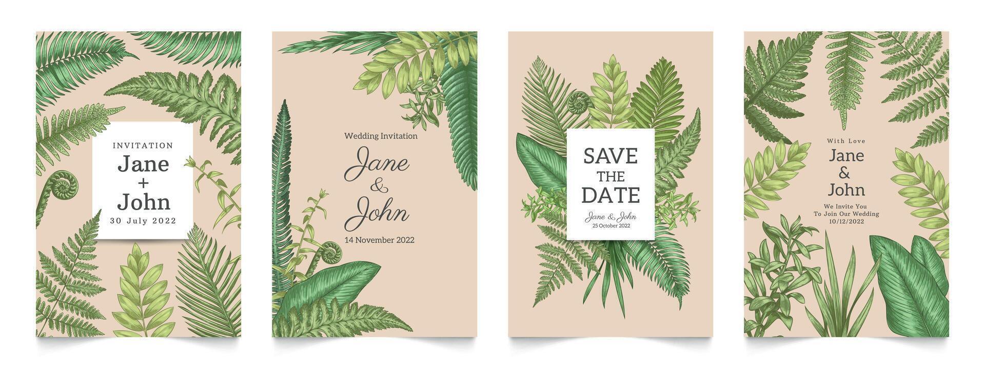 Floral wedding invitation. Greeting cards mockup with rural herbal decorative elements, leaves borders and geometric frames. Vector save the date poster illustration