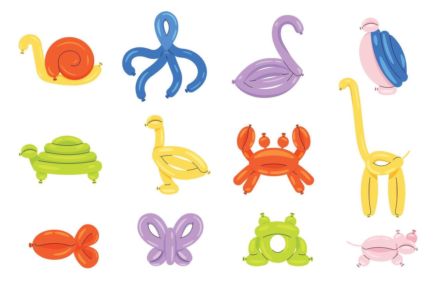 Balloon animals. Cartoon helium gas twisted sculptures of cute animals, minimal abstract characters for children party decoration. Vector set