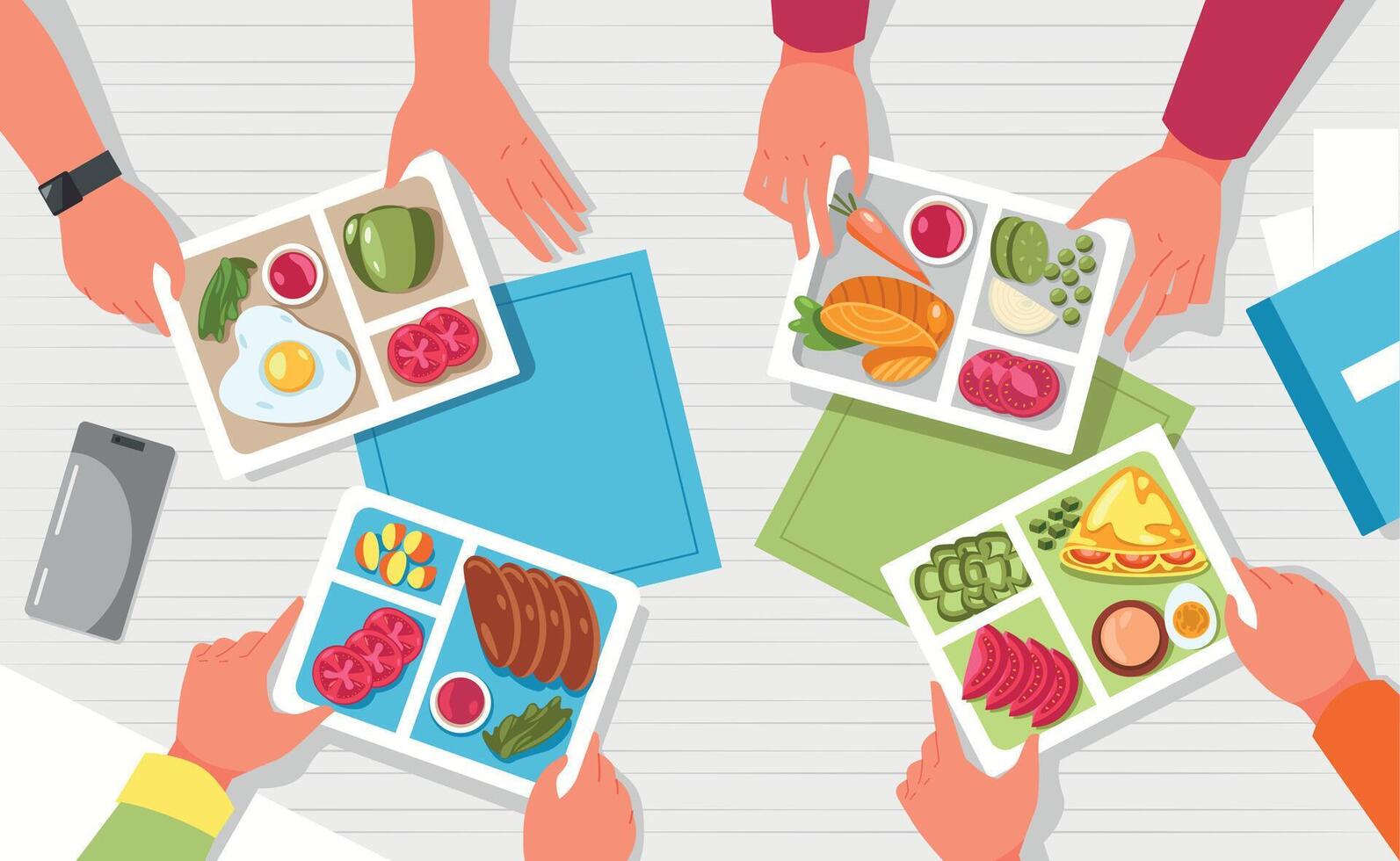 Hands with lunchbox. Arms holding containers with healthy food on table top view, cartoon flatlay with packed bags full of fruits vegetables. Vector illustration