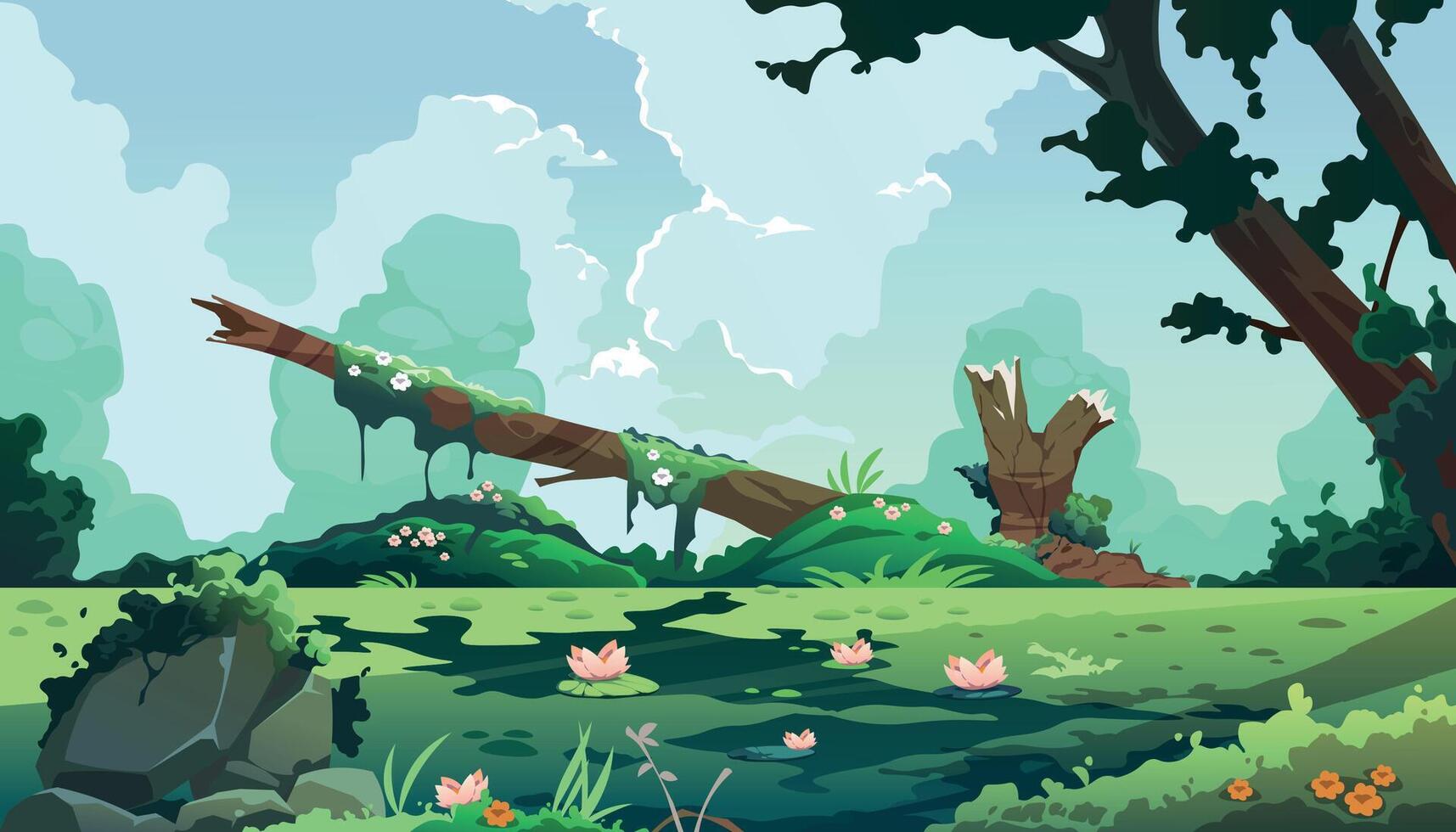 Swamp cartoon landscape. Forest background with marsh and lake, cartoon fantasy pond with moss and reed plants. Vector game illustration