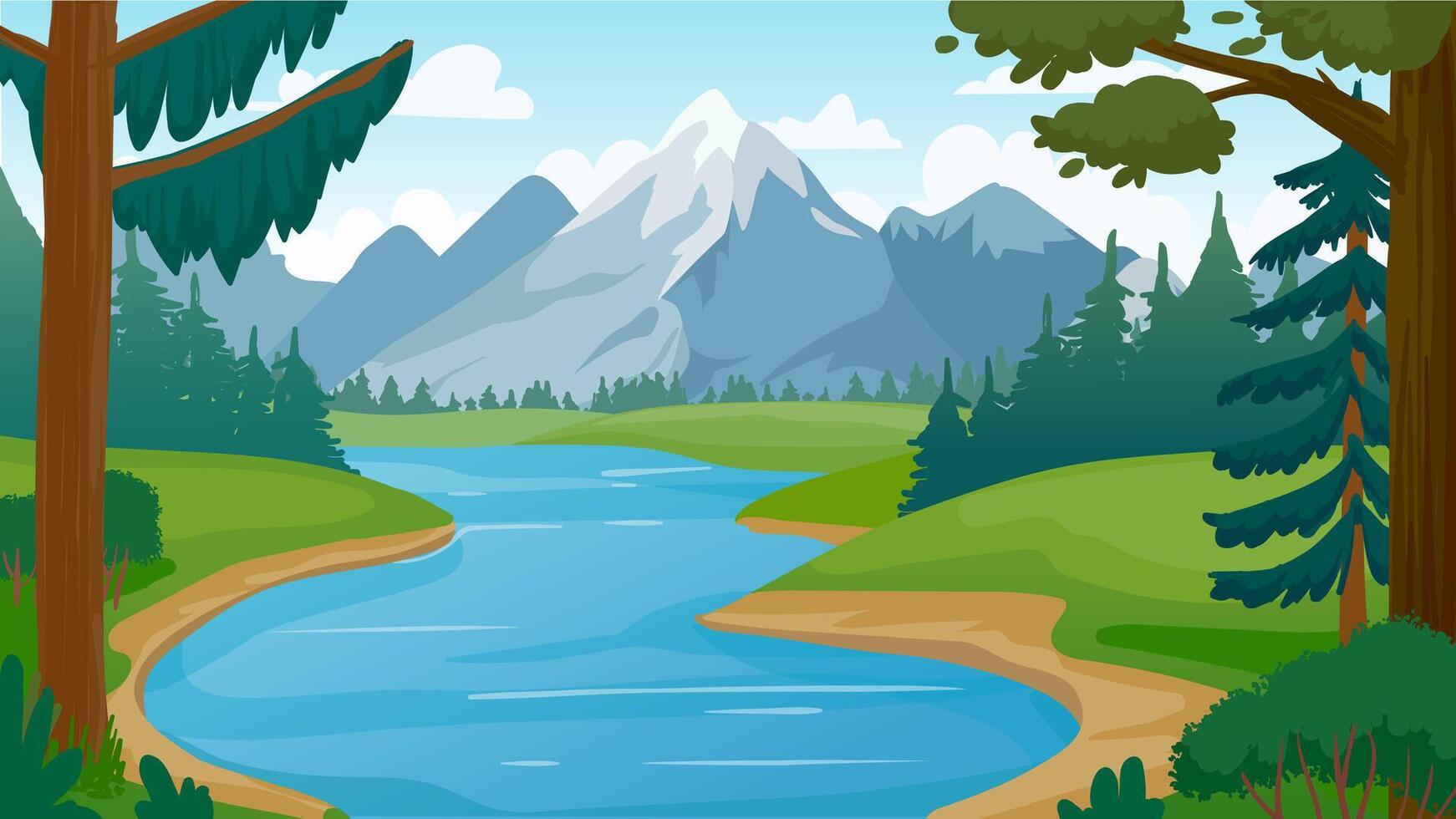 Mountain and lake landscape. Cartoon rocky mountains, forest and river scene. Wild nature summer panorama. Hiking adventure vector concept