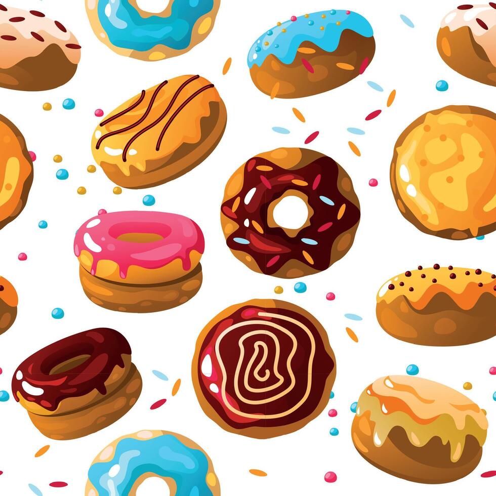 Donuts patern. Seamless cartoon sweet bakery dessert with rainbow sprinkle and chocolate icing. Vector colorful fast food donuts wallpaper