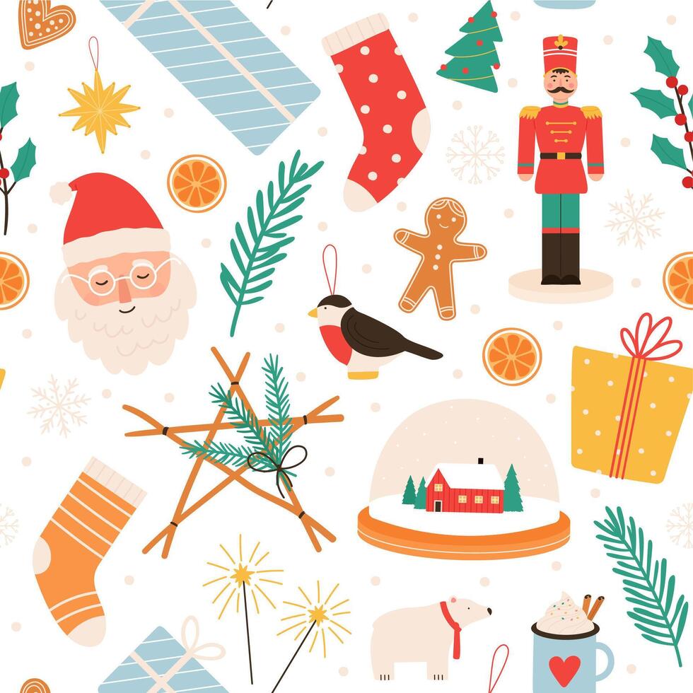 Christmas seamless pattern. Merry winter holidays and Happy New Year with gifts, gingerbread, santa, nutcracker and tree toys, vector print