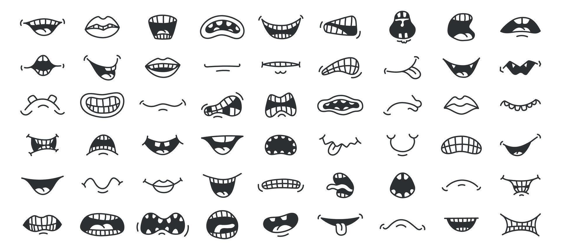 Doodle smile. Cartoon mouth with different face expression, laugh anger and scary emotion pop art sketch. Vector hand drawn funny mouths isolated collection