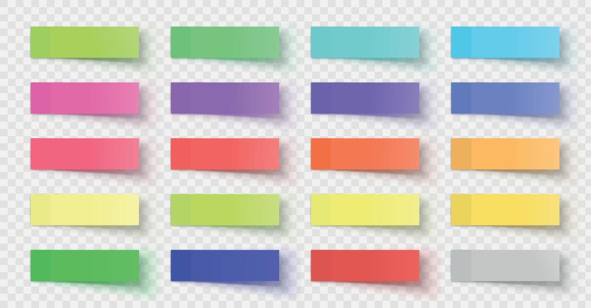 Realistic sticky paper post notes, colored sticker tag. Adhesive memo stripes with shadows. Office tape bookmark for documents vector set