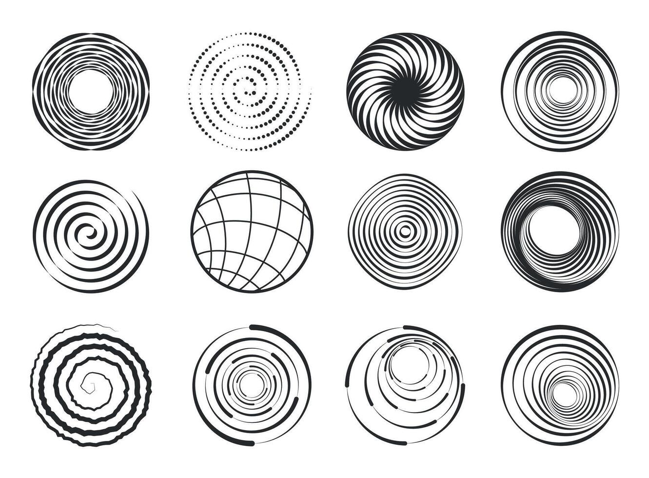 Spiral shapes. Abstract swirl geometric figures, modern wavy circle spiral abstract elements, motion black border design elements vector