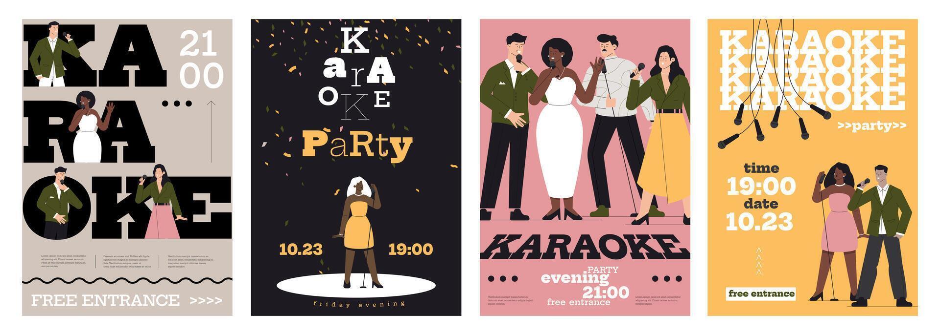 Karaoke posters. Cartoon karaoke banners with singer and microphone, retro pop music concert with singer. Vector karaoke performance set