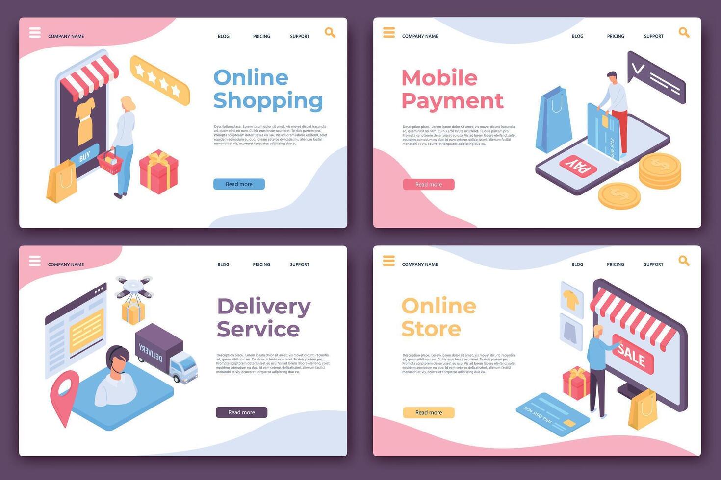 Online shopping landing page. Isometric website pages for mobile payment, delivery service and shop app. Customer order purchase vector set