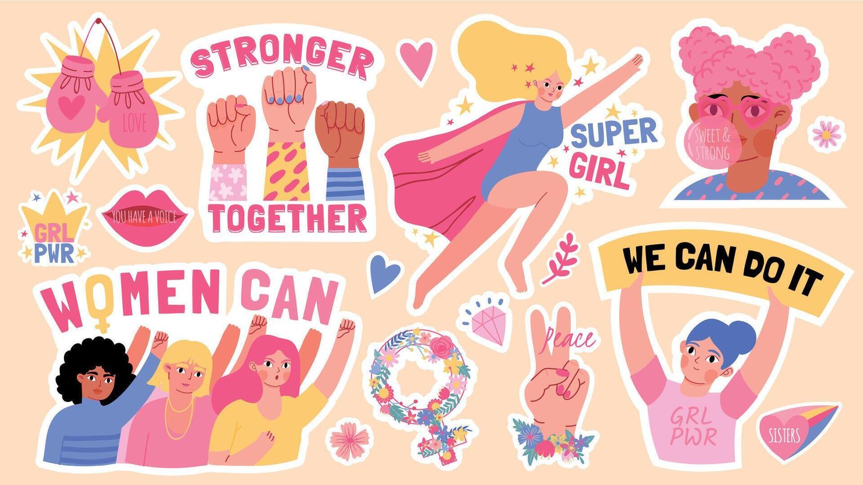 Flat girls power stickers with fists up and feminism slogans. Strong black women rights. Super girl. Feminist movement symbols vector set