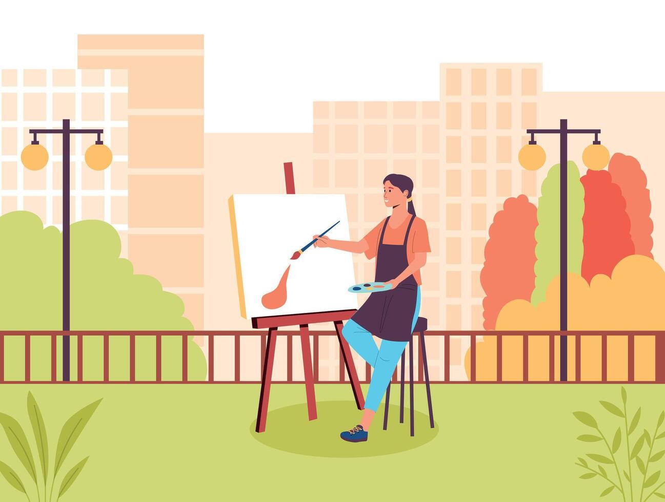 Young woman painter creating sketch of picture in open air vector