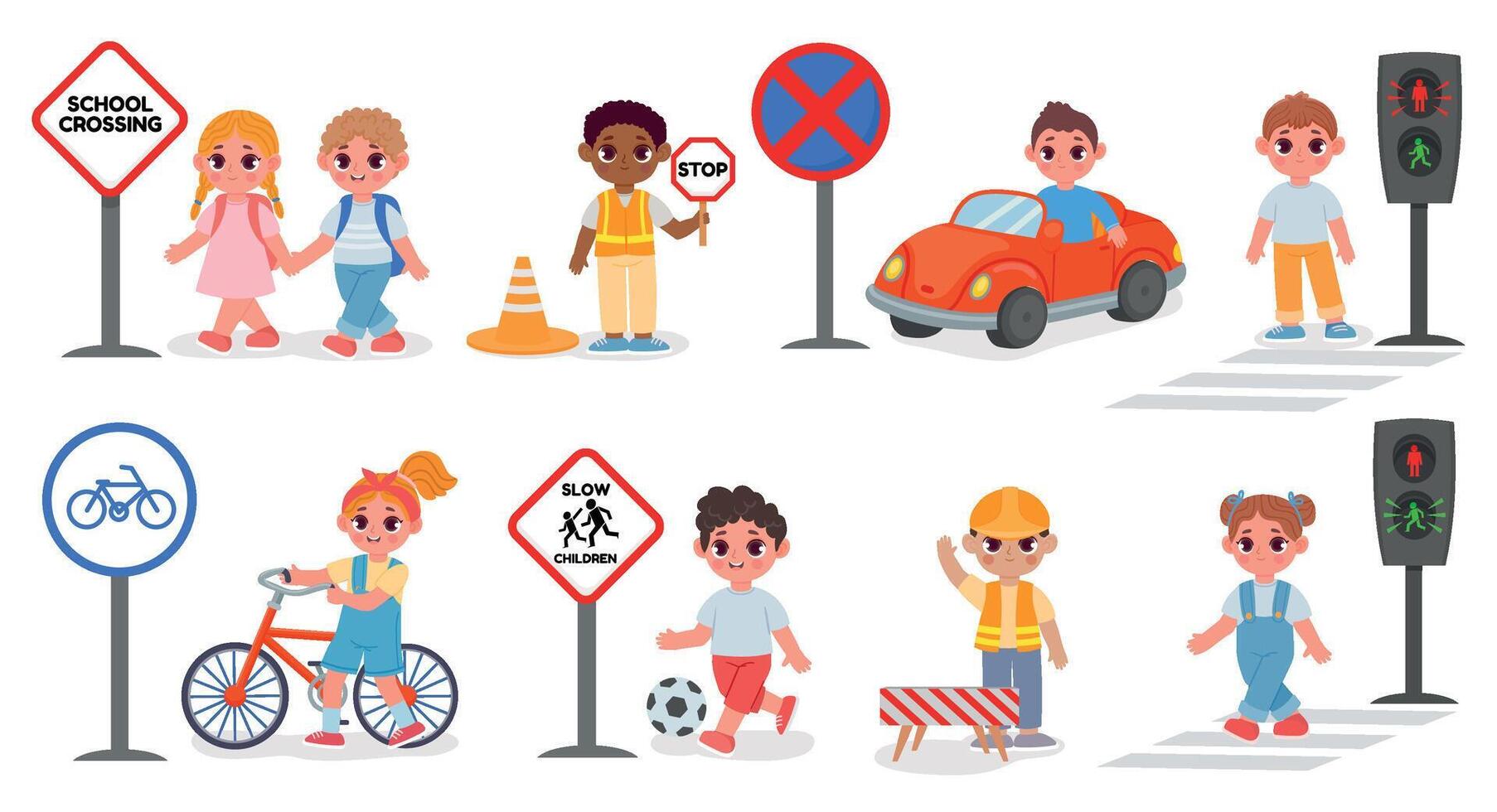 School kids street safety, signs and crosswalk rules. Traffic light go and stop signal. Kid bike and car. Cartoon road education vector set