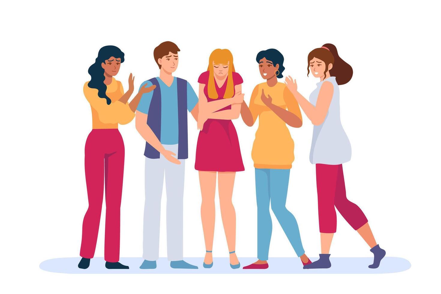 Group support sad person. Friends and family comforting depressed and anxiety woman in sorrow. Psychological and empathy help vector concept