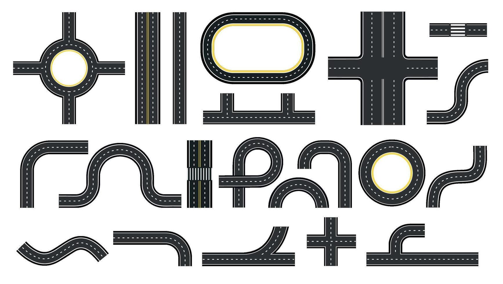 ciudad la carretera y autopista parte superior vista, elementos para mapa. cruce, autopista doblar, giros y tráfico círculos calle carreteras plan equipo vector conjunto