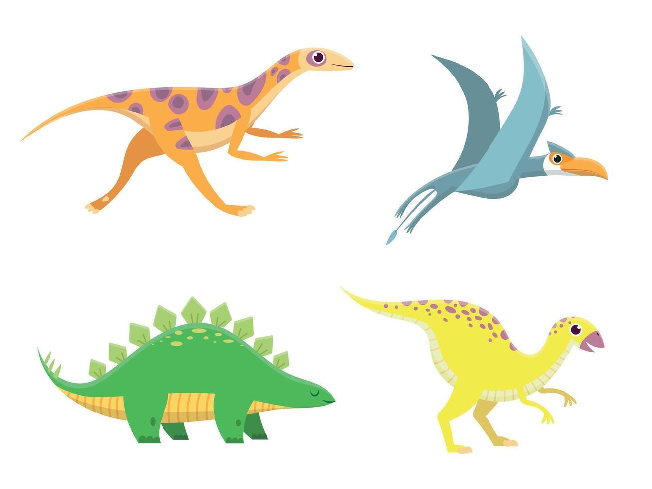 Cute baby dinosaurs. Funny cartoon dino running, standing and flying. Friendly colorful characters for children vector