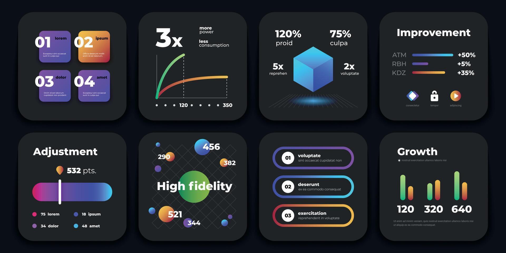 Infographic cards. Business presentation mockup with charts graphics diagram on dark background. Vector modern set