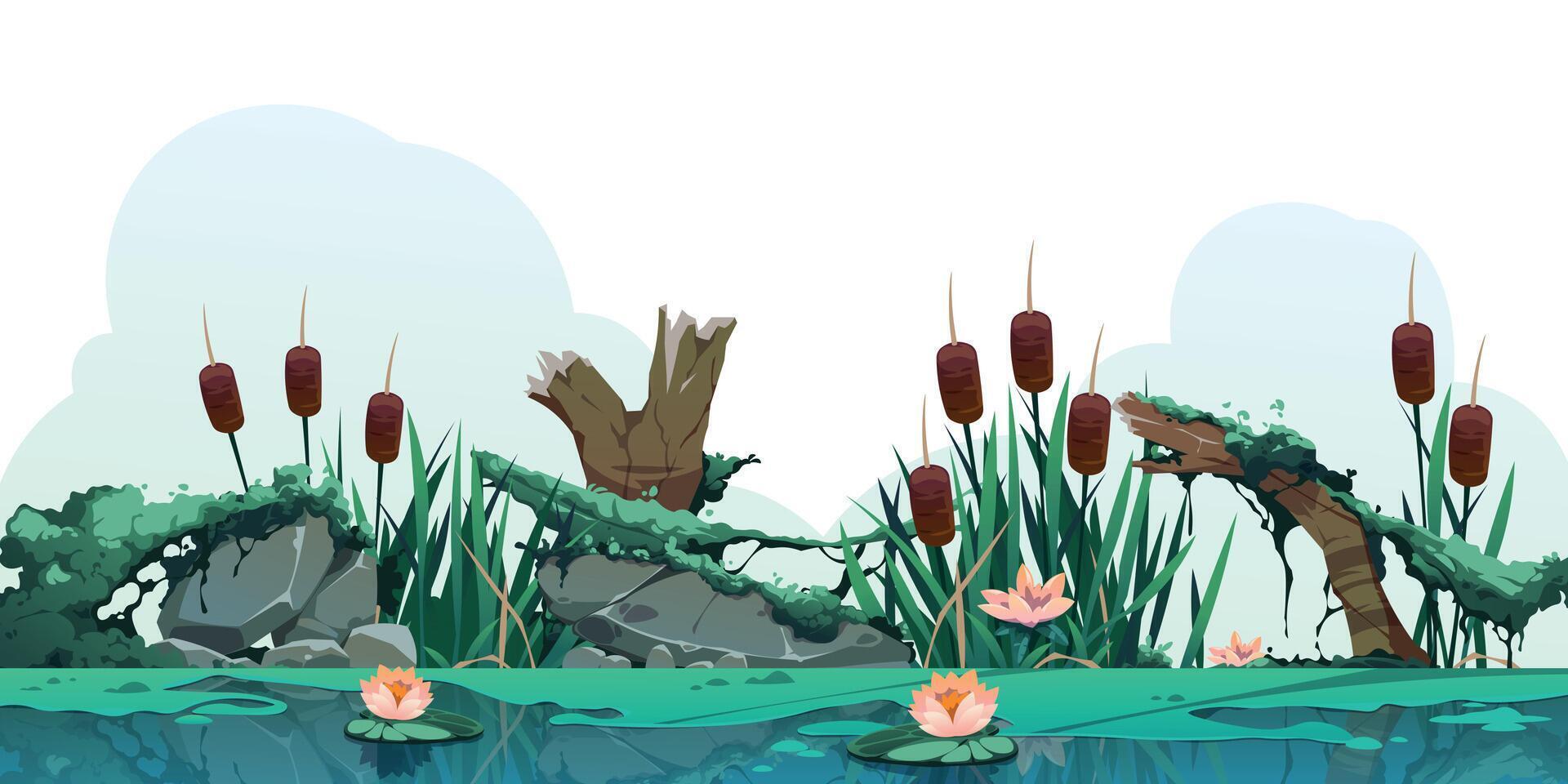 Swamp reed illustration. Cartoon marsh background with cattail plants, moss rocks and log, countryside wetland or lake. Vector illustration