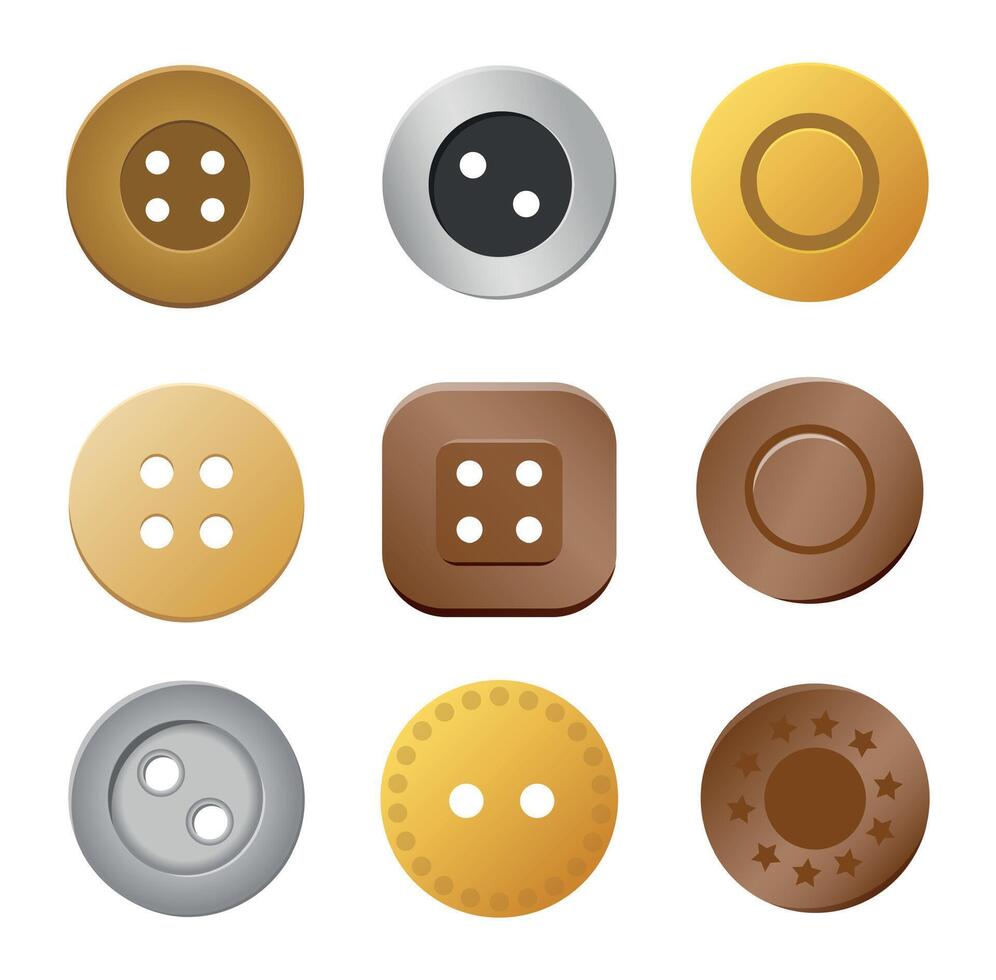 Sewing buttons. Gold silver metal bronze copper cloth rivets, craft needlework clothing vector