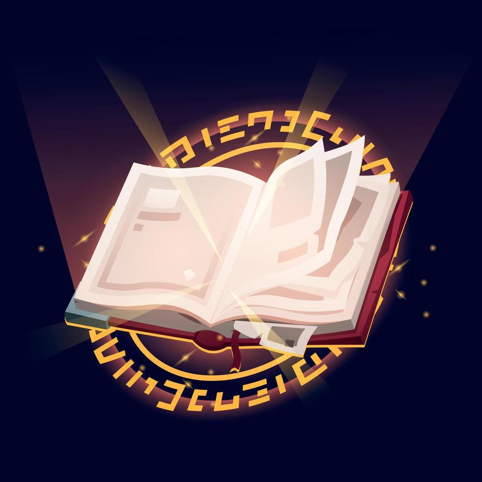 deletrear libro elenco. magia brujería abierto deletrear libro con Rasgado paginas juego icono para menú interfaz gráfica de usuario, fantasía vistoso grimorio con espumoso magia deletrear. vector ilustración