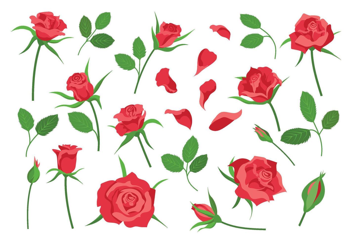 dibujos animados Rosa flor elementos, hojas, provenir, pétalos y brotes rojo floreciente rosas para ramo de flores decoración. romántico floral símbolo vector conjunto