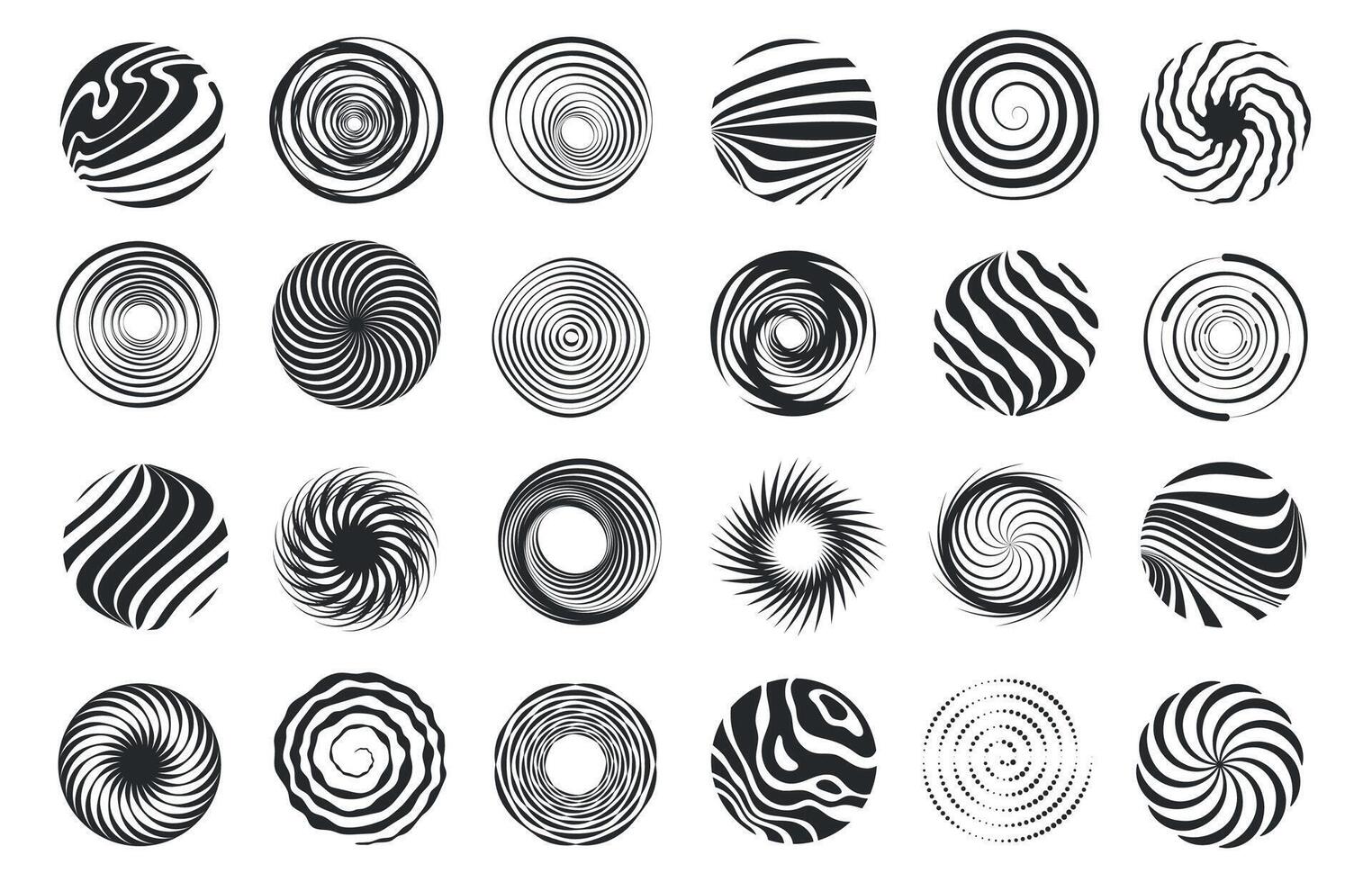 Swirl figure. Spiral abstract movement and hypnotic vortex, whirl and vortex dynamic icon design. Vector tornado spiral icons set