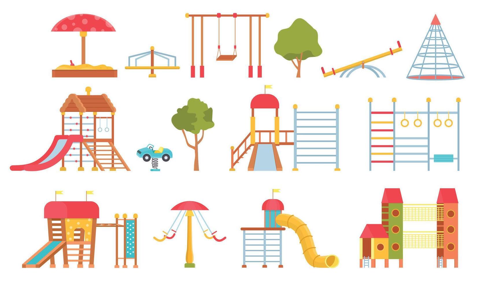 Playground equipment. Kids park carousels, swings and game modules with slides. Climbing wall and sandpit. Flat outdoor play area vector set