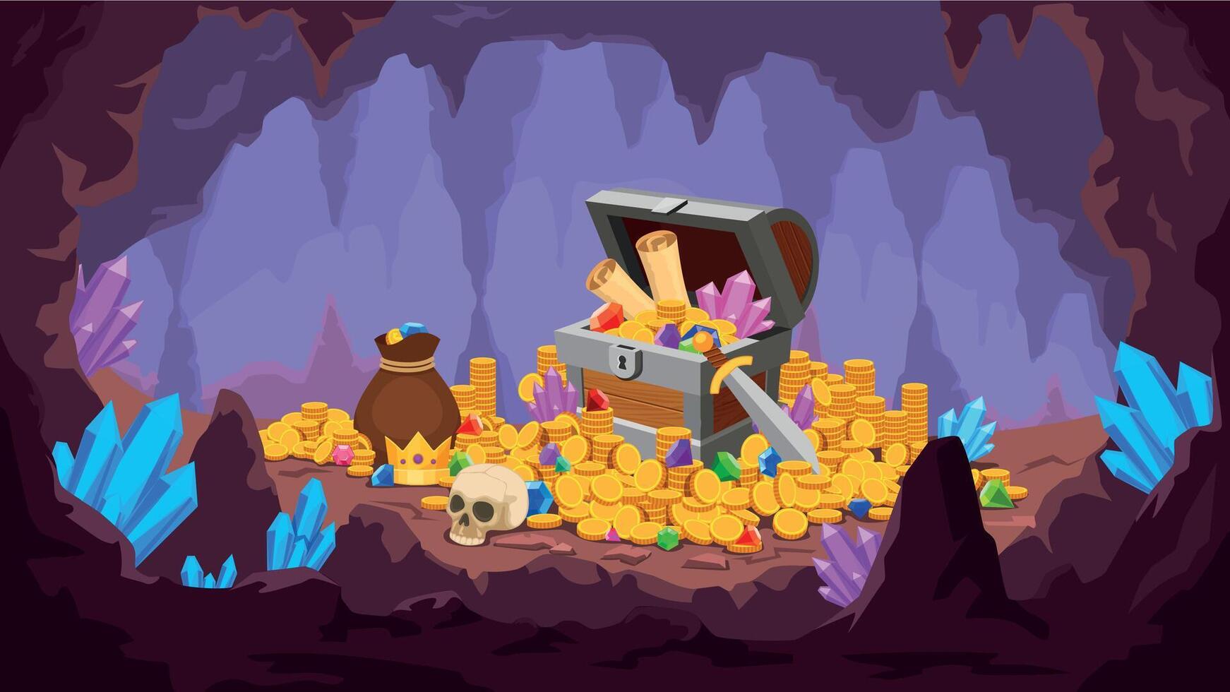 Treasure cave. Mine with pile of gold coins, crystals, old chest with map and gem, money bag and skull. Cartoon pirate treasury vector scene