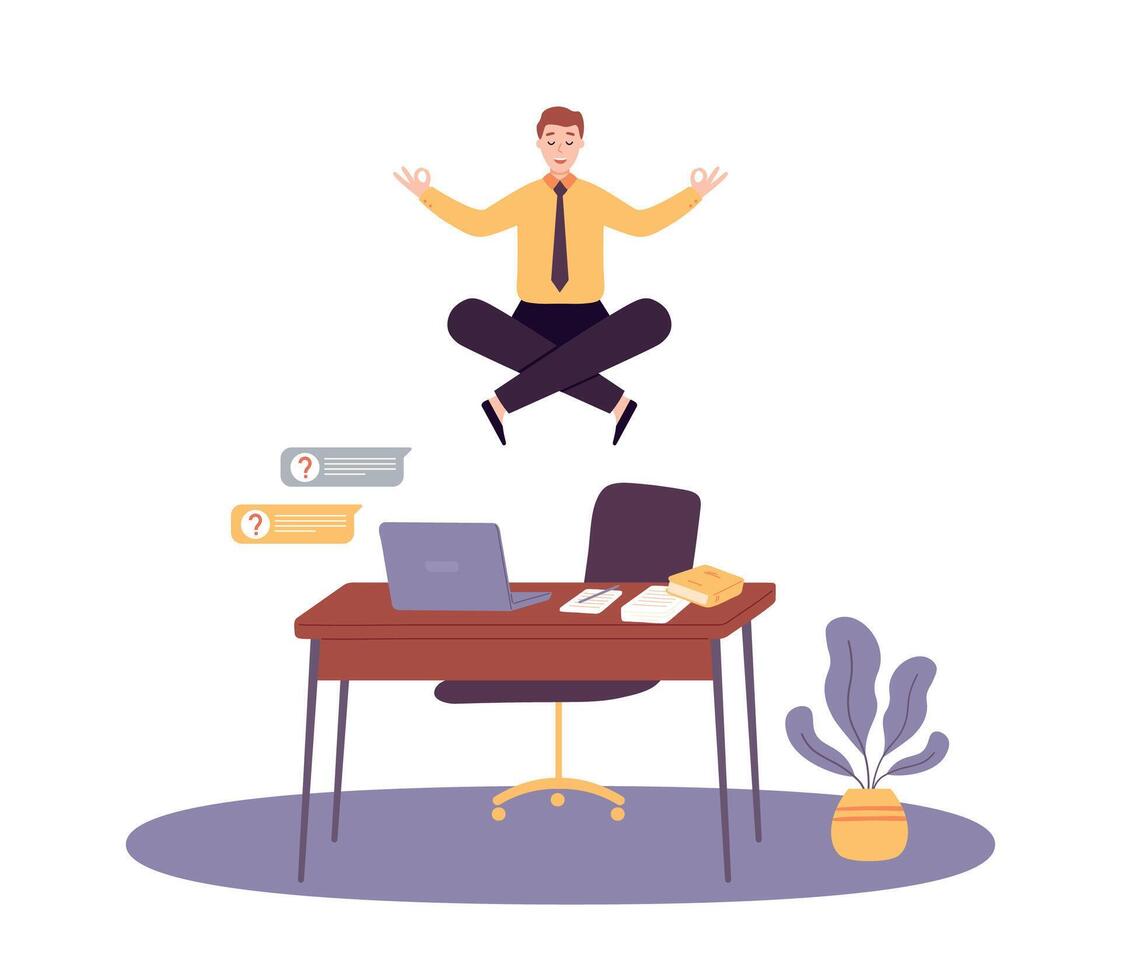Office yoga on workplace, meditation and concentration vector